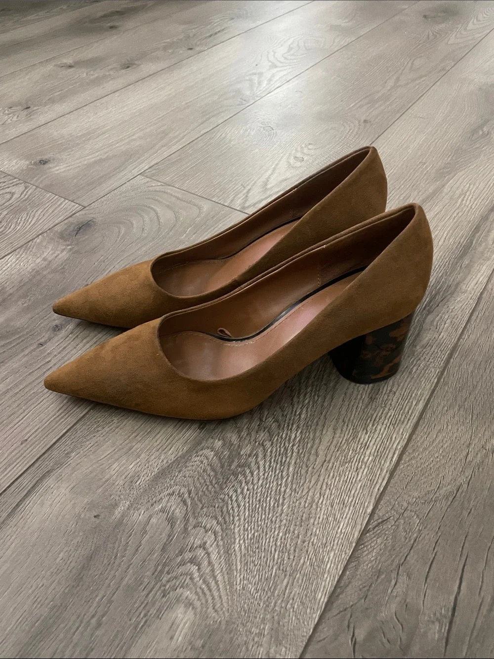 Zara Tortoiseshell Mid-Heel Pointed-Toe Pumps in Brown Suede Sz:37 6.5